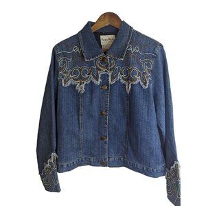 Pamela McCoy Collection Western Style Denim Jacket Fringe Fully Lined Sz L